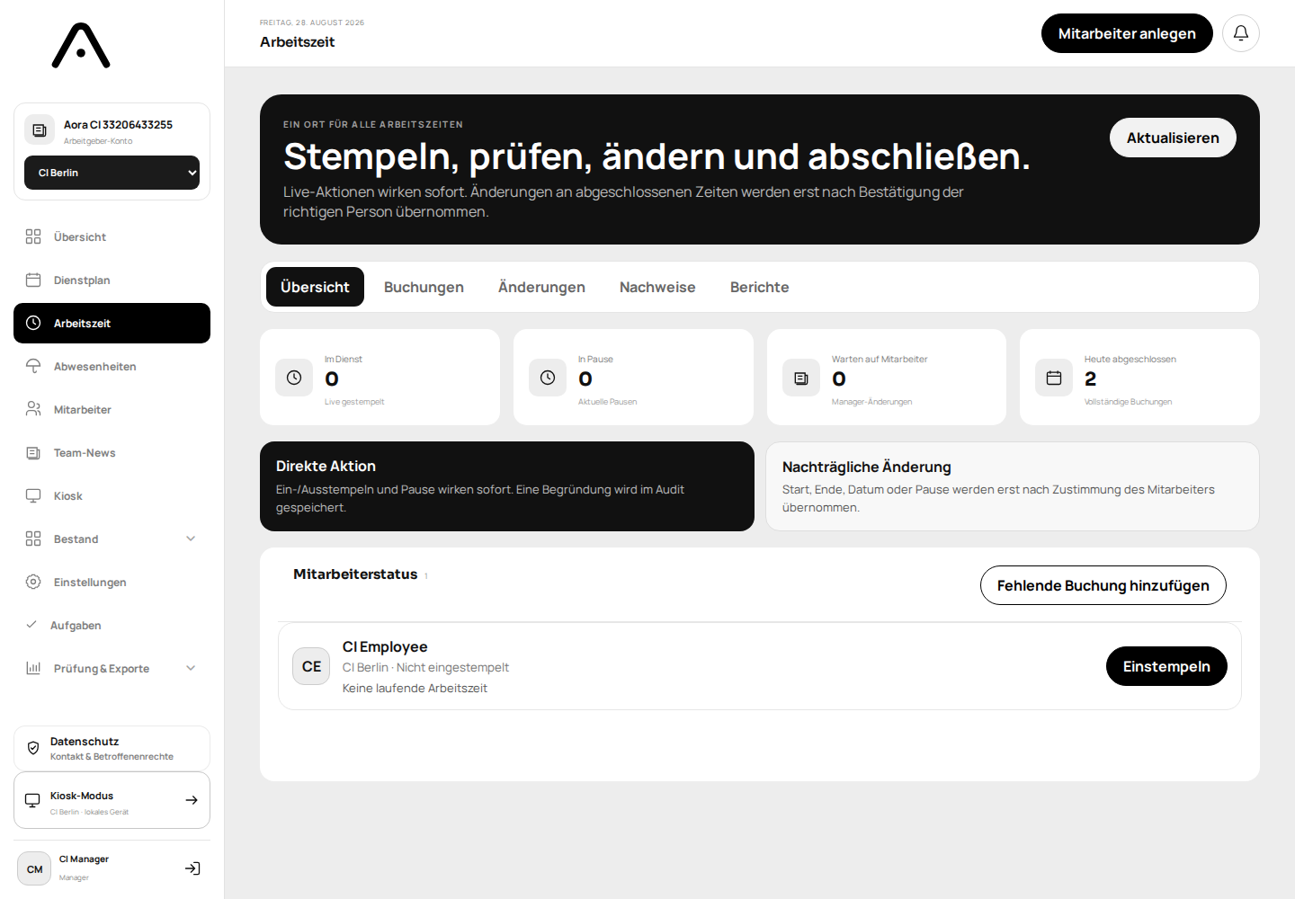 AORA Arbeitszeit mit Zeitstatus und Korrekturen