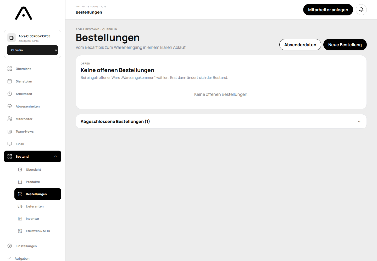 AORA Bestand und Bestellungen mit Lager- und Einkaufsworkflow
