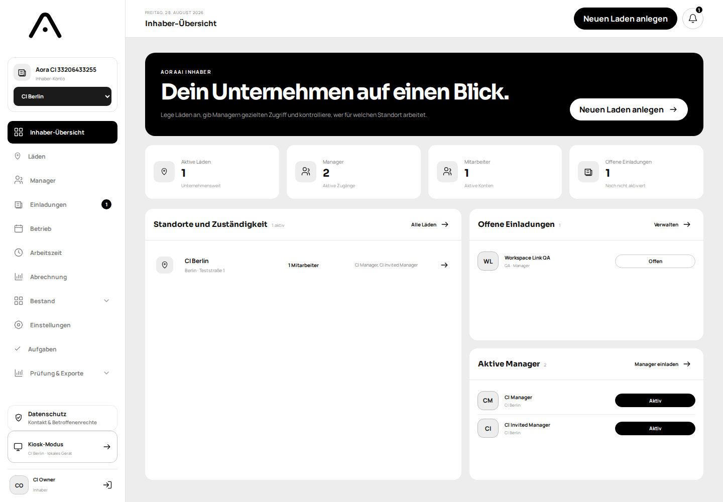 AORA Inhaber-Dashboard mit Standorten, Managern, Mitarbeitenden und offenen Einladungen